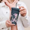 Chic Pink Flowers Insulated Tumbler With Straw