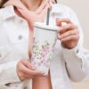 Chic Pink Flowers Insulated Tumbler With Straw