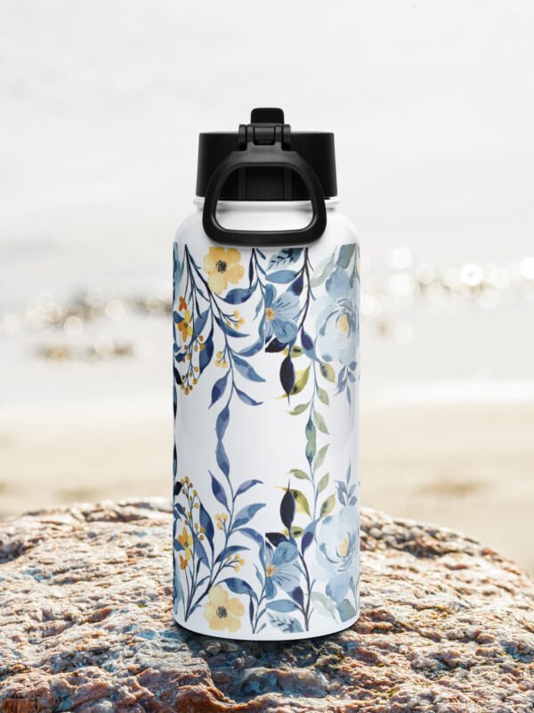 Blue Flowers Stainless Steel Water Bottle With Straw Lid