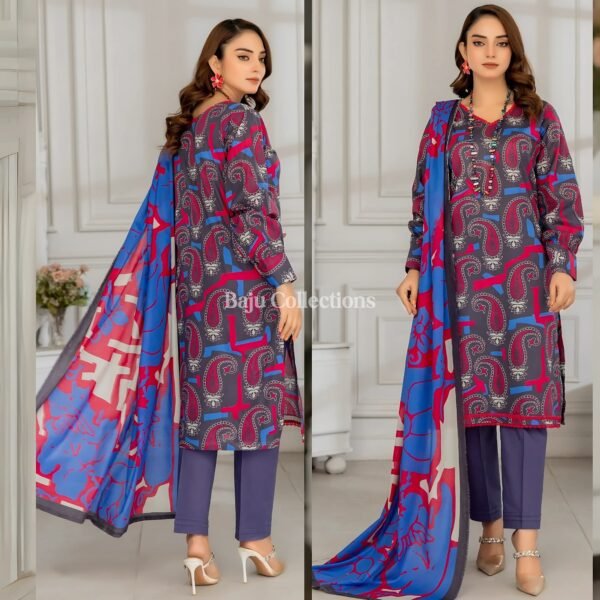Beautiful Blue Pink Lawn 3 Piece Unstitched Suit Elegant Blue Pink Lawn 3 Piece Unstitched Suit baju collections store
