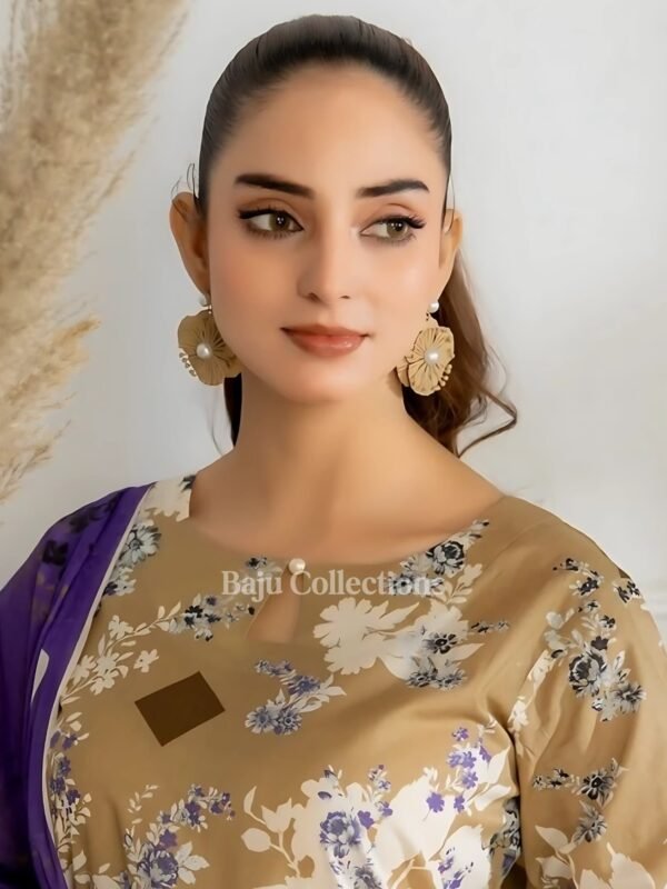 Elegant brown unstitched printed lawn suit design with printed shirt and dupatta