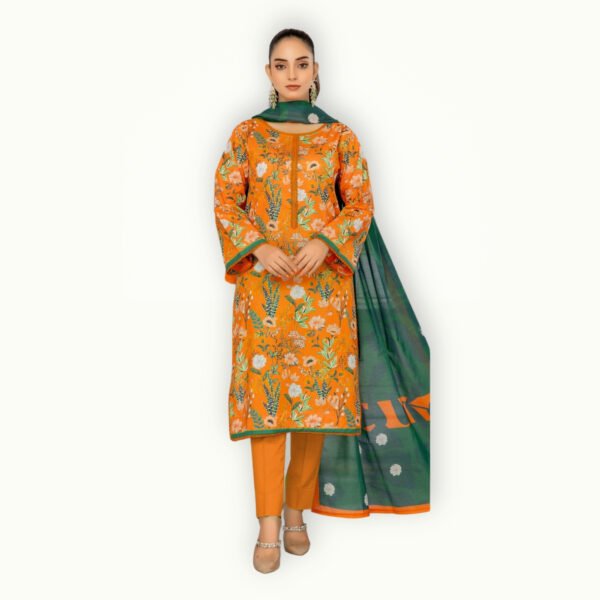 Lawn suit design. featuring detailed patterns, soft fabric and a stylish dupatta for a complete summer outfit