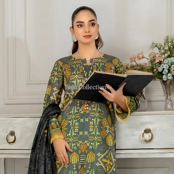 Pakistani Lawn Suit in Green-Yellow – Unstitched Summer Collection