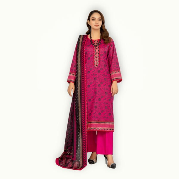 Pink Black Lawn Suit featuring contrast colors, elegant design and a beautifully printed dupatta for summer styling