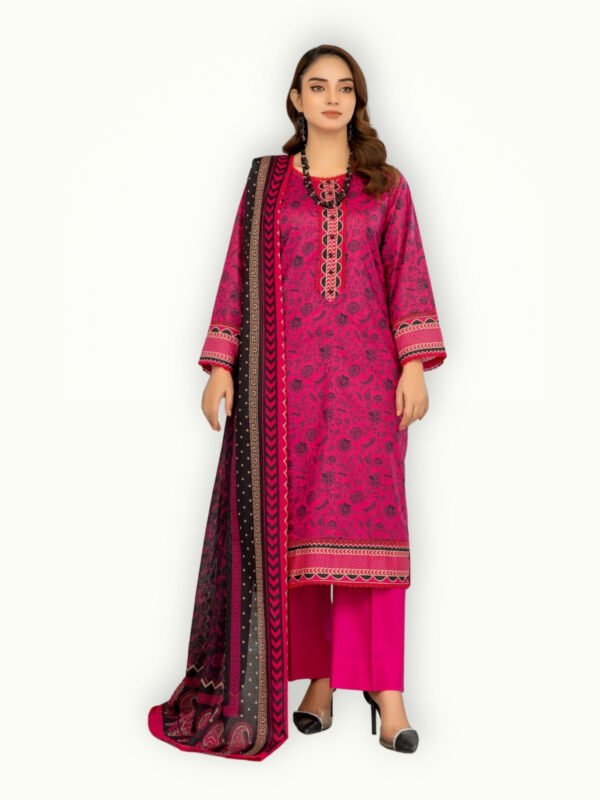 Pink Black Lawn Suit featuring contrast colors, elegant design and a beautifully printed dupatta for summer styling