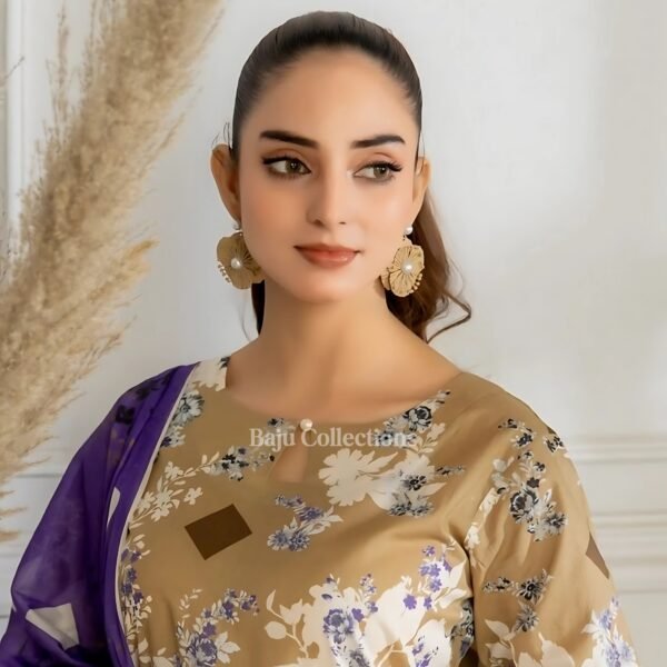 Unstitched printed lawn suit design in brown with digital prints
