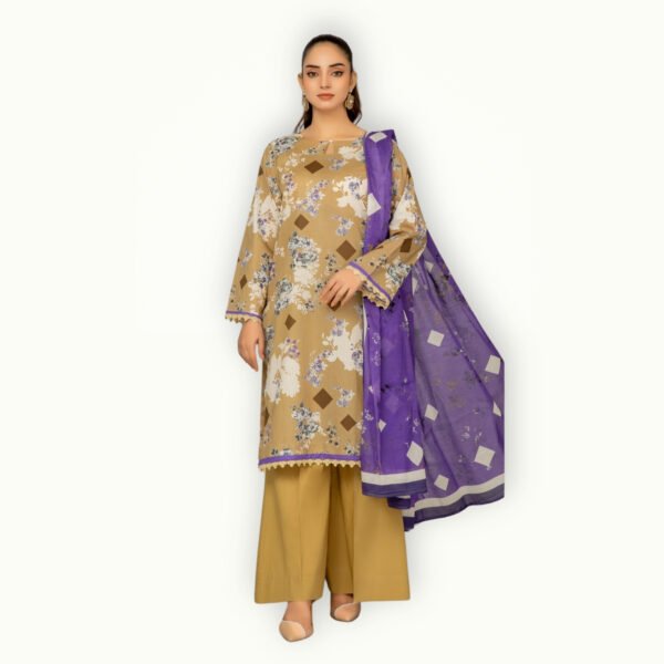 Printed lawn suit design featuring vibrant patterns, soft fabric and a coordinated dupatta for a fresh summer look