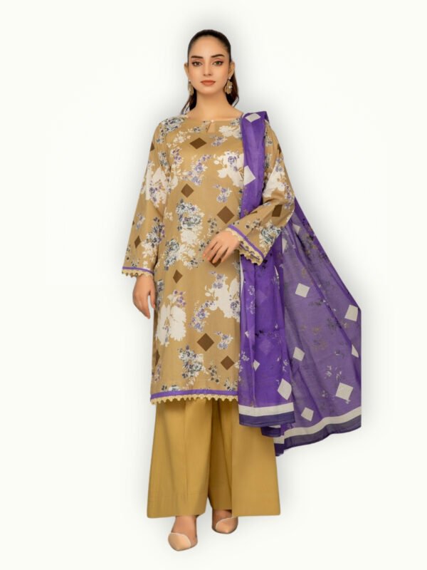 Printed lawn suit design featuring vibrant patterns, soft fabric and a coordinated dupatta for a fresh summer look