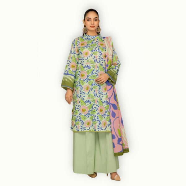 Unstitched lawn suit with premium fabric, detailed embroidery and a stylish printed dupatta for summer wear