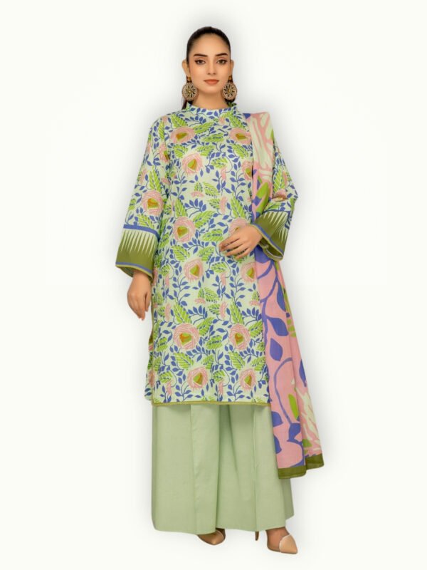Unstitched lawn suit with premium fabric, detailed embroidery and a stylish printed dupatta for summer wear