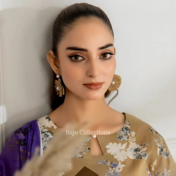 Elegant brown unstitched lawn suit with printed shirt and dupatta