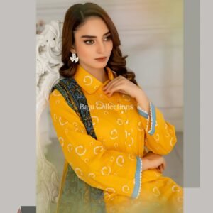 Yellow green lawn suit unstitched with digital printed dupatta and shirt