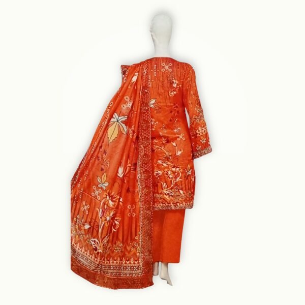 3 piece embroidered lawn suit unstitched back side showing neat finishing, subtle embroidery and premium lawn fabric design