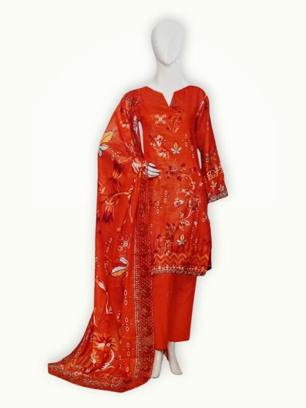 3 piece embroidered lawn suit unstitched with premium lawn fabric, detailed embroidery and elegant printed dupatta for summer