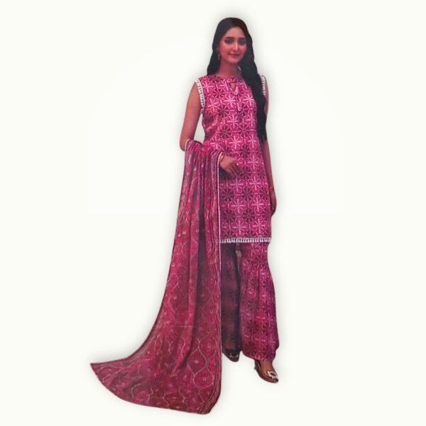 3 piece lawn suit design with embroidered details, soft lawn fabric and a beautifully printed dupatta for summer wear