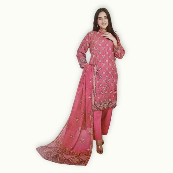 3 piece lawn suit with lawn dupatta featuring coordinated design, soft fabric and elegant detailing for a complete outfit