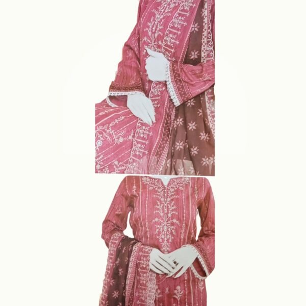 Embroidered Lawn Collection close up showing intricate embroidery on lawn fabric with fine detailing and elegant craftsmanship