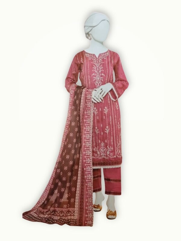 Embroidered Lawn Collection featuring premium unstitched suit with detailed embroidery and elegant printed dupatta for summer wear