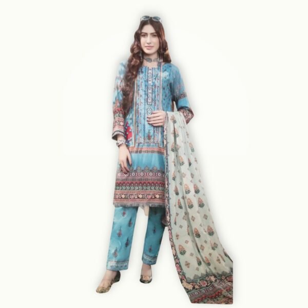 Embroidered lawn unstitched suit with intricate embroidery, soft lawn fabric and a coordinated dupatta for elegant styling