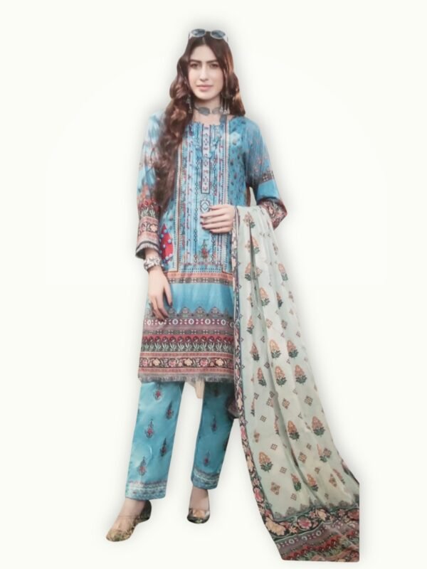 Embroidered lawn unstitched suit with intricate embroidery, soft lawn fabric and a coordinated dupatta for elegant styling