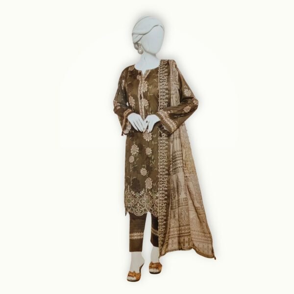 Embroidered unstitched suits online featuring detailed lawn shirt, matching trousers and a stylish printed dupatta for everyday elegance