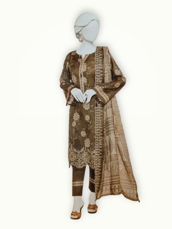 Embroidered unstitched suits online featuring detailed lawn shirt, matching trousers and a stylish printed dupatta for everyday elegance