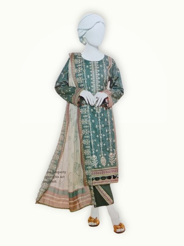 Embroidered unstitched suits with premium lawn fabric, detailed embroidery and elegant printed dupatta for summer wear