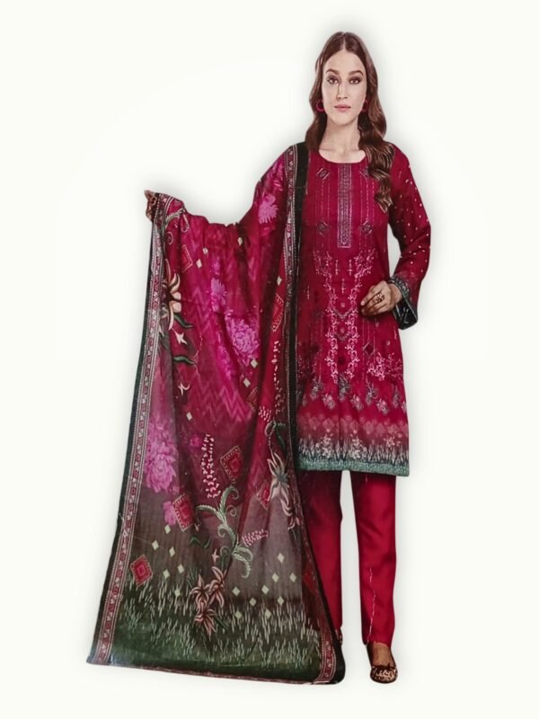 Embroidery lawn unstitched suit with detailed design, premium lawn fabric and matching dupatta for a stylish summer look