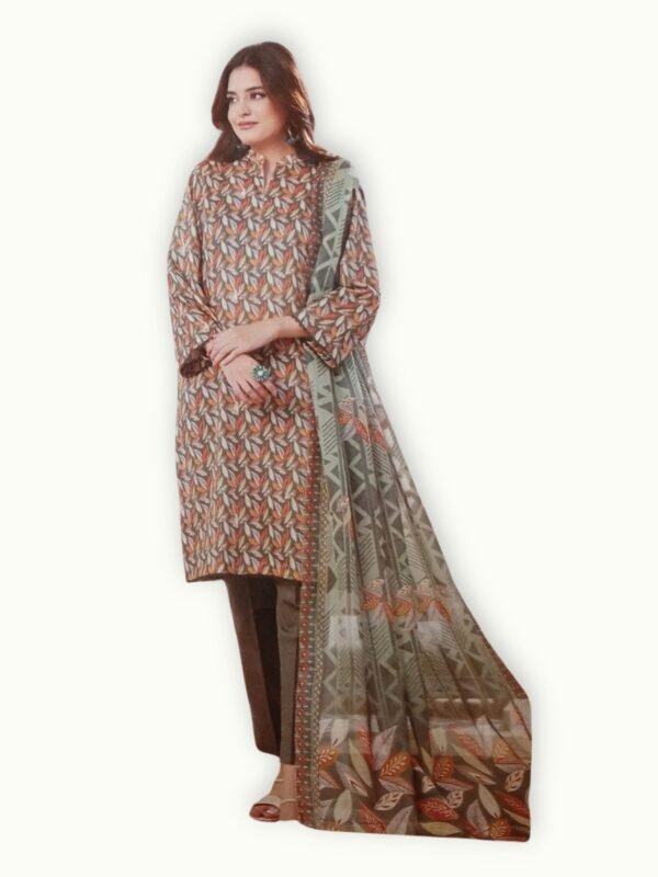 Lawn suit sale featuring premium 3 piece outfit with embroidered details, soft lawn fabric and a printed dupatta