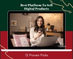 Entrepreneur workspace with laptop, showcasing the best platform to sell digital products. Start selling today.