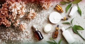 Flat lay of daily skin care routine steps with natural products