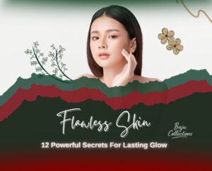 Confident woman with flawless skin, glowing face, inspiring beauty blog