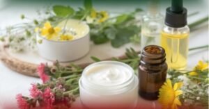 Close-up of natural vegan skin care ingredients like aloe vera and oils