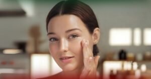 Smiling woman applying vegan skin care products in a natural routine