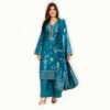 3 Piece Jacquard Lawn Suit Elegant Teal Summer Outfit Model wearing 3 piece jacquard lawn suit teal color with matching dupatta and trouser ideal breathable summer outfit
