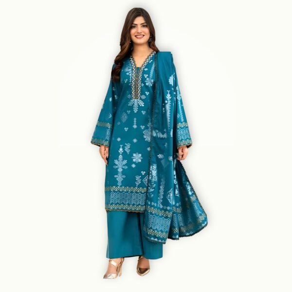 3 Piece Jacquard Lawn Suit Elegant Teal Summer Outfit Model wearing 3 piece jacquard lawn suit teal color with matching dupatta and trouser ideal breathable summer outfit