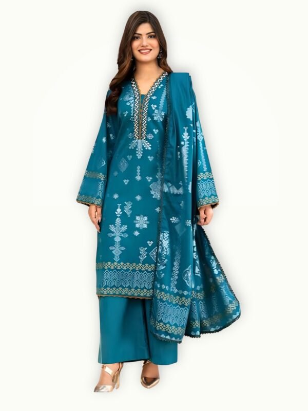 Model wearing 3 piece jacquard lawn suit teal color with matching dupatta and trouser ideal breathable summer outfit