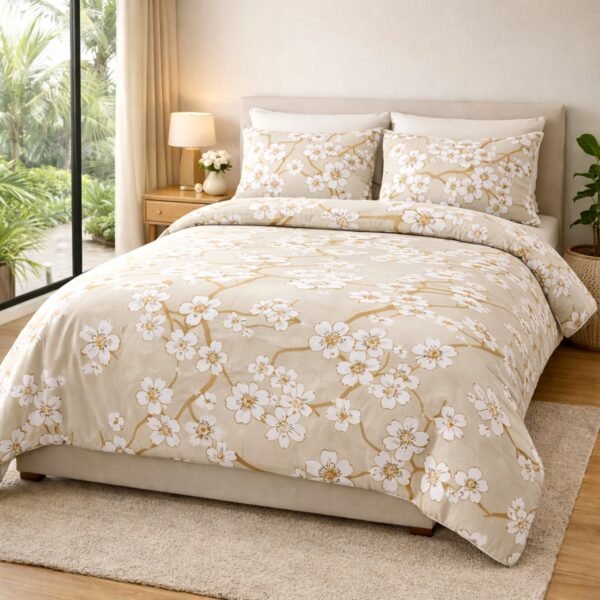 Blossom double bed bedsheet with floral branch pattern styled on cozy bedroom bed.