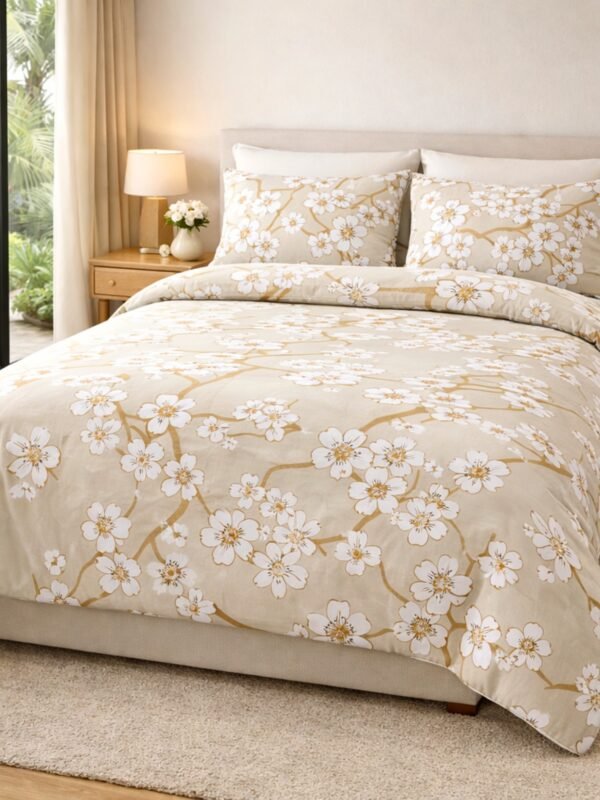 Blossom double bed bedsheet with floral branch pattern styled on cozy bedroom bed.