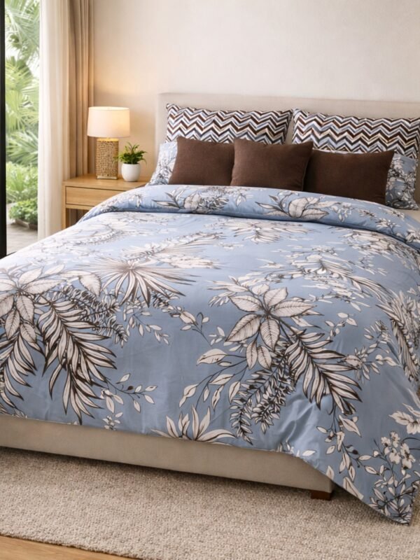 Botanical double bed bedsheet with leaf pattern styled on a modern bedroom bed.