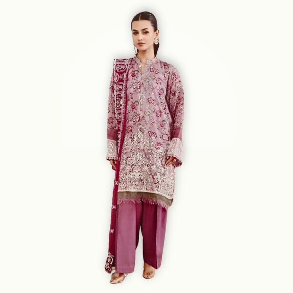 Embroidered Chikankari Lawn Suit Elegant Pink Summer Outfit Model wearing embroidered chikankari lawn suit pink color with chiffon dupatta elegant summer outfit for women