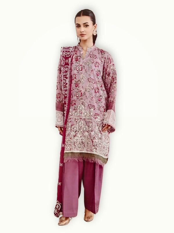 Model wearing embroidered chikankari lawn suit pink color with chiffon dupatta elegant summer outfit for women