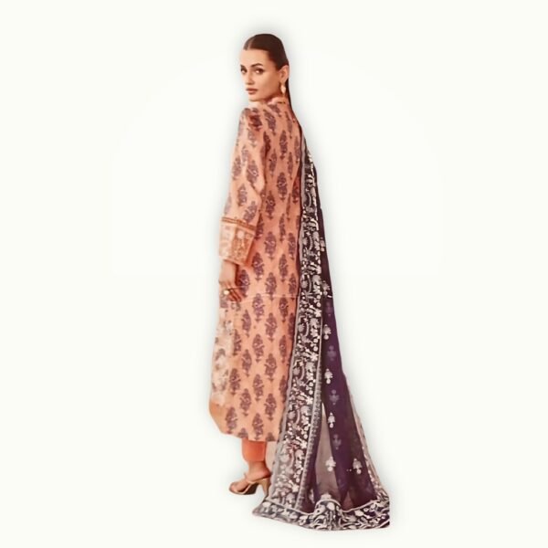 Close up embroidered lawn suit chiffon dupatta fabric showing traditional embroidery and breathable lawn texture