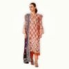 Model wearing embroidered lawn suit chiffon dupatta peach color elegant summer outfit for women