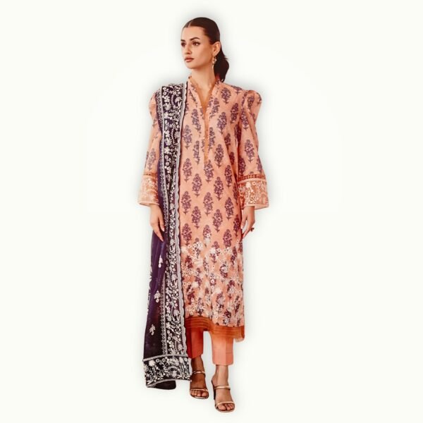 Model wearing embroidered lawn suit chiffon dupatta peach color elegant summer outfit for women