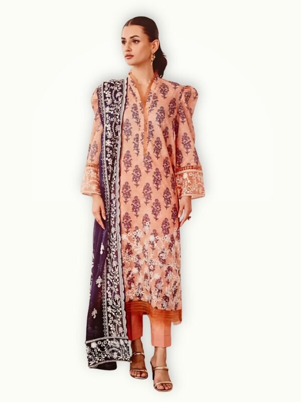 Model wearing embroidered lawn suit chiffon dupatta peach color elegant summer outfit for women
