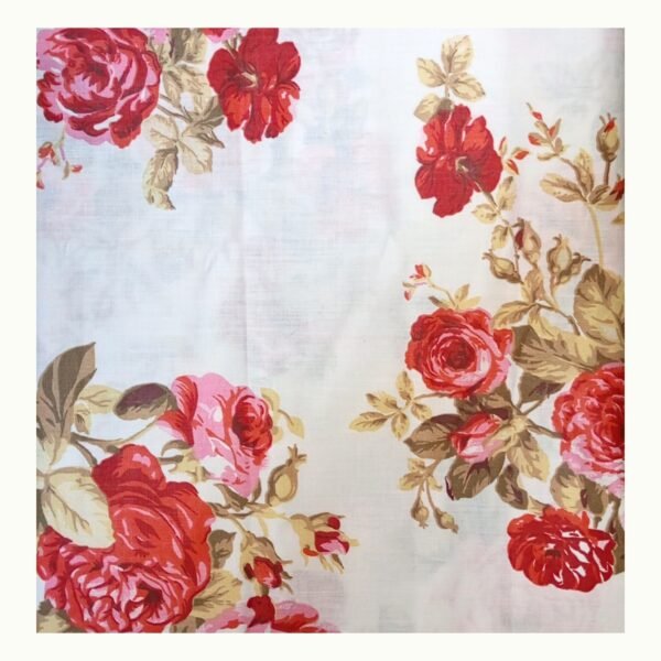 Floral Double Bed Bedsheet Red Rose Fabric Detail Close view of floral double bed bedsheet showing smooth cotton blend fabric and decorative red rose printed pattern.