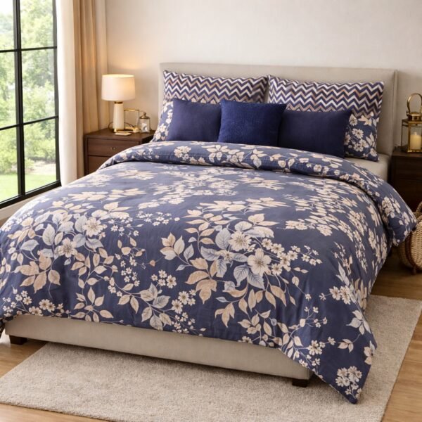Floral double bed bedsheet set with botanical pattern styled on a bed creating calm bedroom decor.