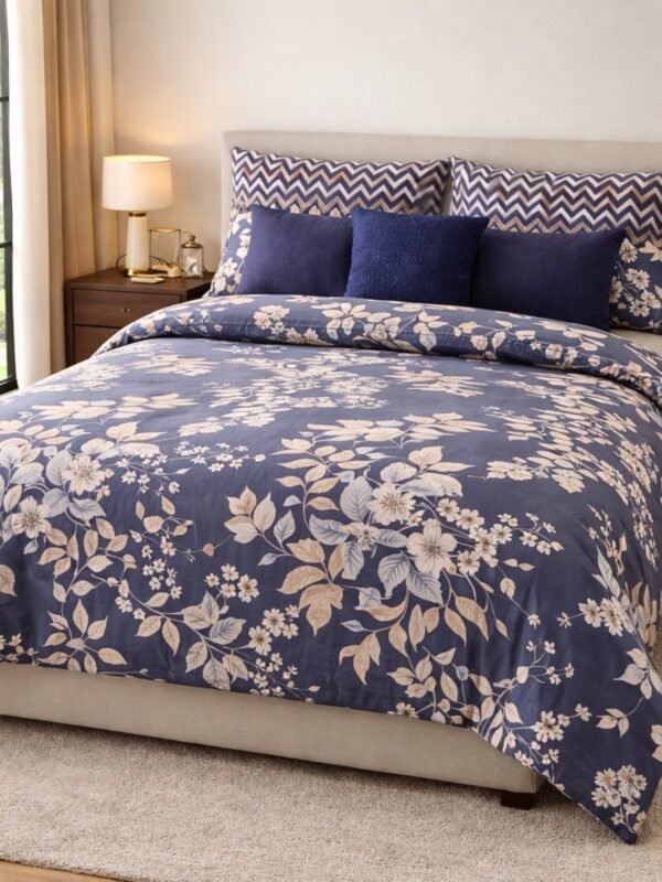 Floral double bed bedsheet set with botanical pattern styled on a bed creating calm bedroom decor.