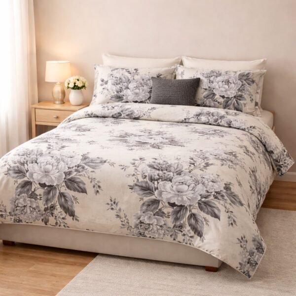 Grey Floral Double Bed Bedsheet Premium Bedroom Styling Grey floral double bed bedsheet styled on modern bedroom bed with botanical floral print and matching pillow covers.